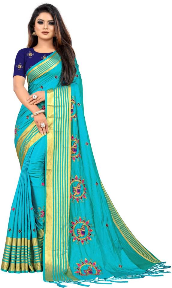 Embroidered Fashion Silk Blend Saree  (Light Blue)