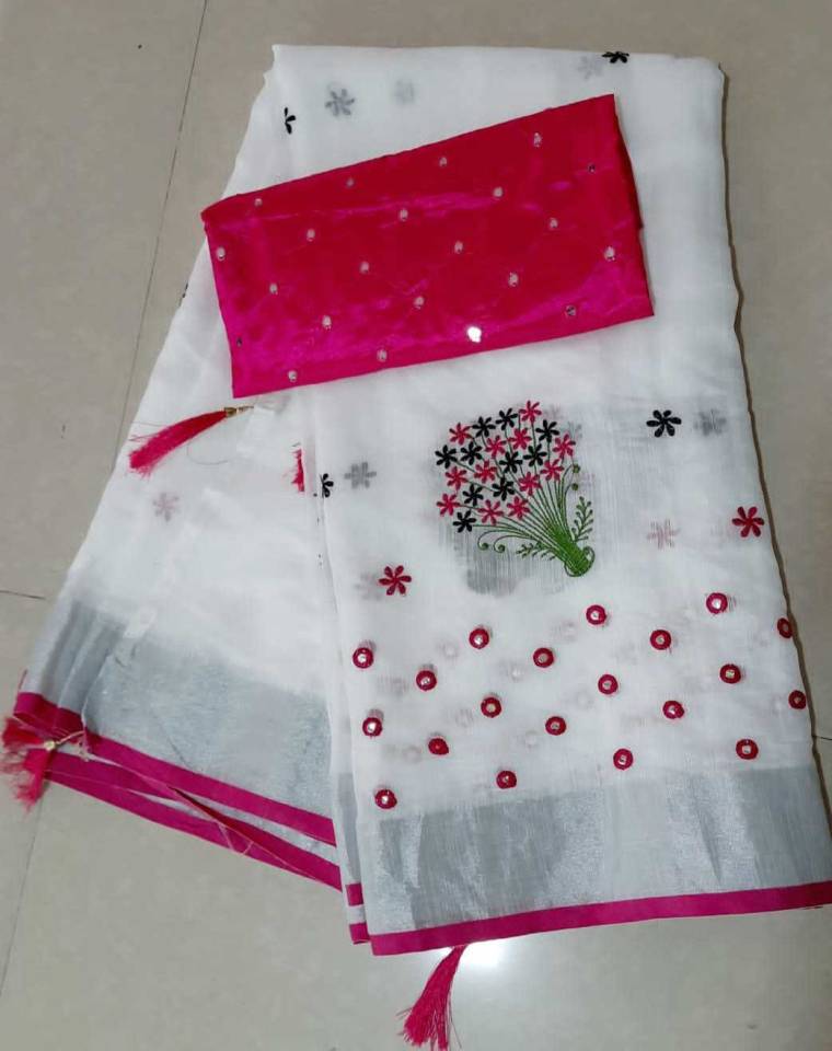 Embroidered Chanderi Cotton Linen Saree  (White)