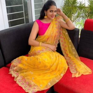Embroidered Bollywood Net Saree  (Yellow)
