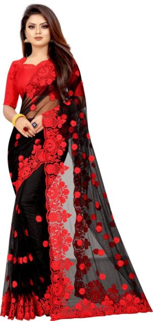 Embroidered Bollywood Net Saree  (Black