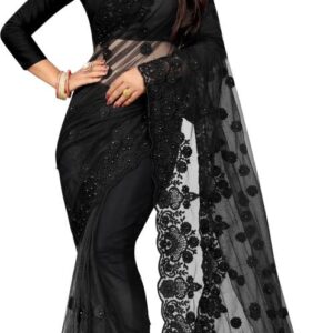 Embroidered Bollywood Net Saree  (Black)
