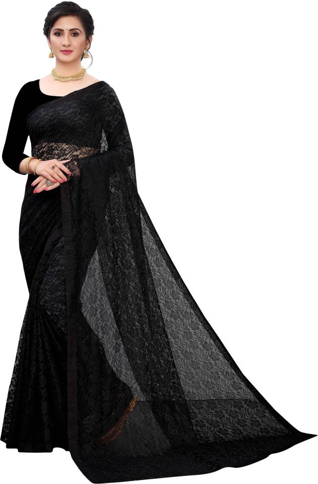 Embroidered Fashion Net Saree  (Black)