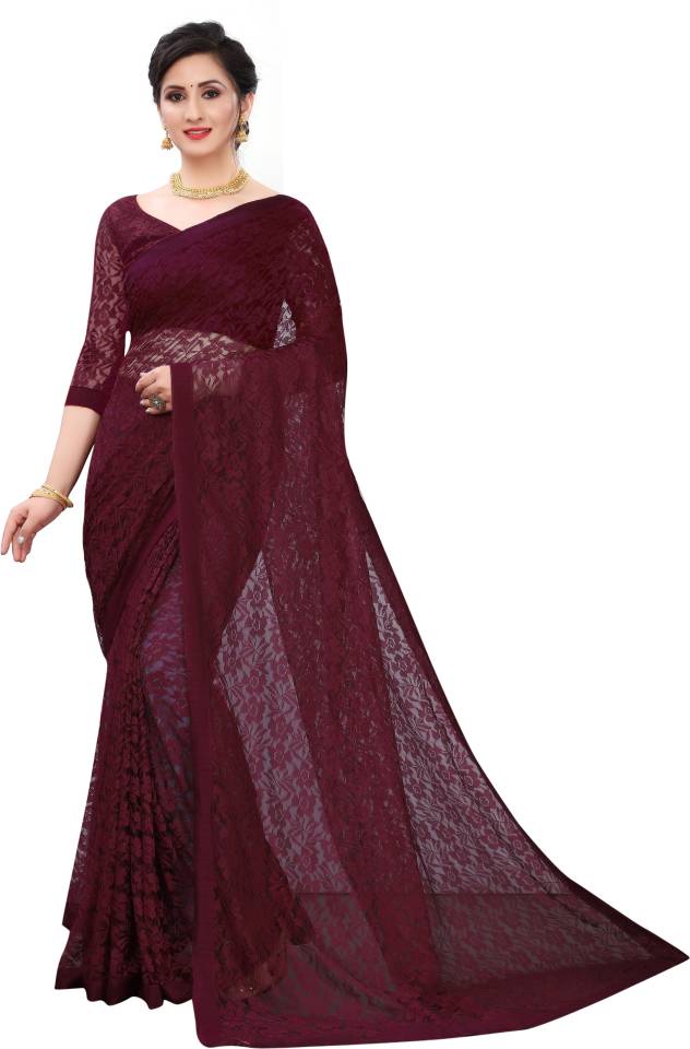 Embroidered Fashion Net Saree  (Purple)