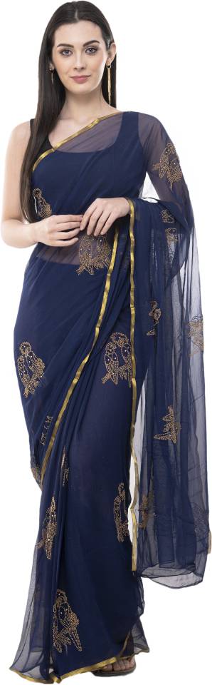 Embroidered Fashion Chiffon Saree  (Blue)