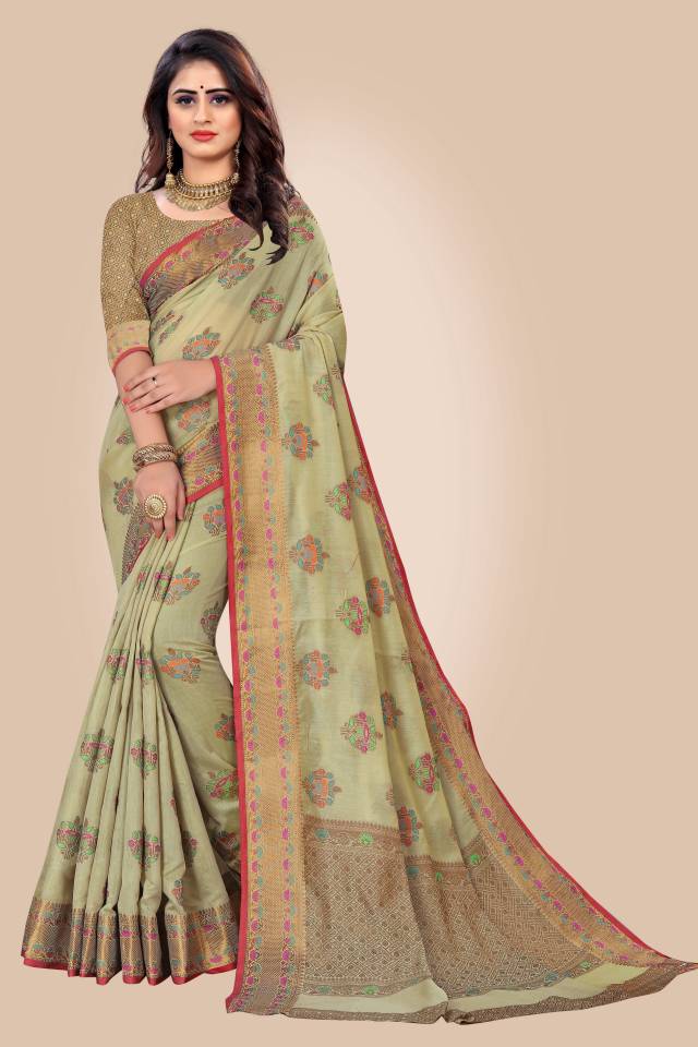 Woven Handloom Pure Cotton Saree  (Light Green)