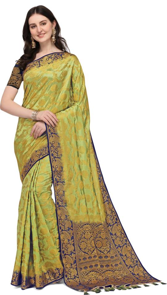 Woven Banarasi Cotton Silk Saree  (Green)