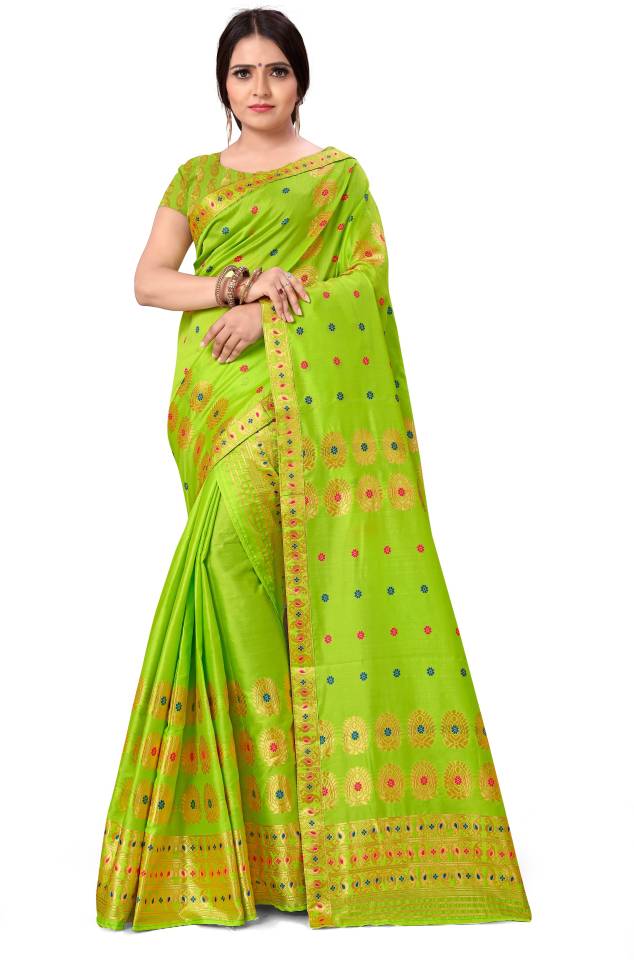 Woven Mekhela Chador Silk Blend Saree  (Green)