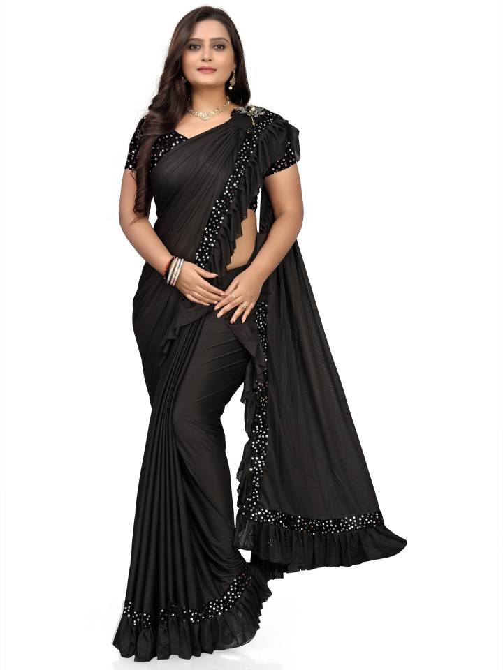 Solid Bollywood Silk Blend Saree  (Black)
