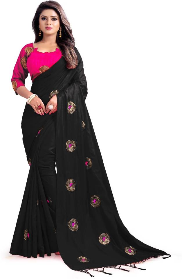 Embroidered Fashion Silk Blend Saree  (Black)