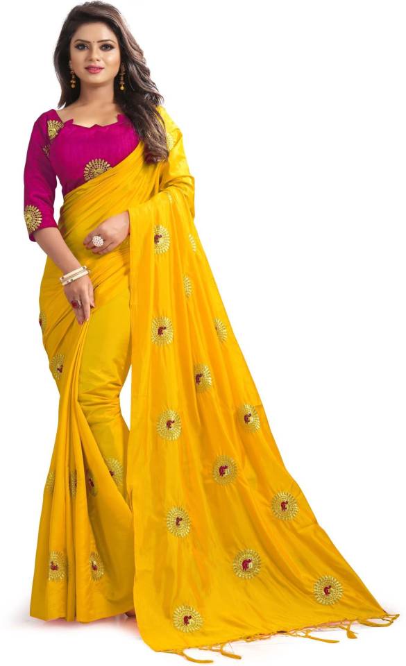 Embroidered Fashion Silk Blend Saree  (Yellow)