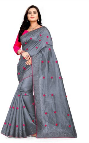 Embroidered Bollywood Silk Blend Saree  (Grey)