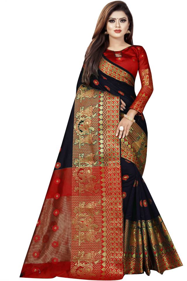 Woven Banarasi Cotton Silk Saree  (Red