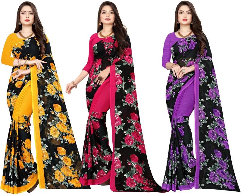 Printed Daily Wear Georgette Saree  (Pack of 3