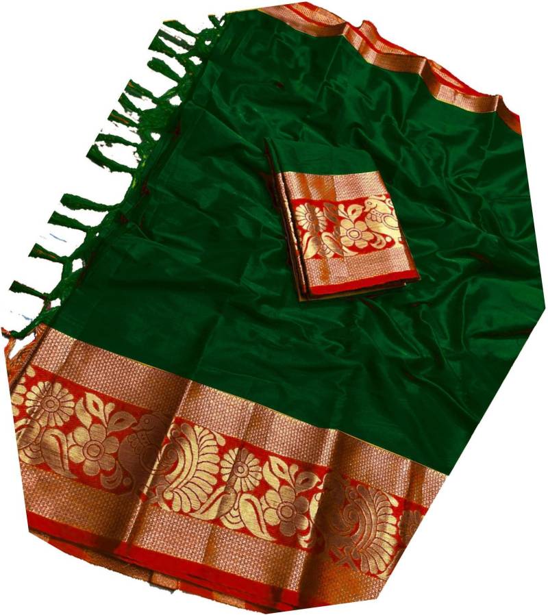Printed Fashion Cotton Silk Saree  (Dark Green)