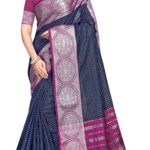 Checkered Banarasi Cotton Linen Saree  (Dark Blue)
