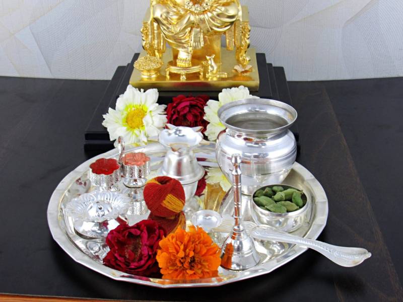 GoldGiftIdeas 8 Inch Kalash Pooja Thali Silver Plated  (8 Pieces