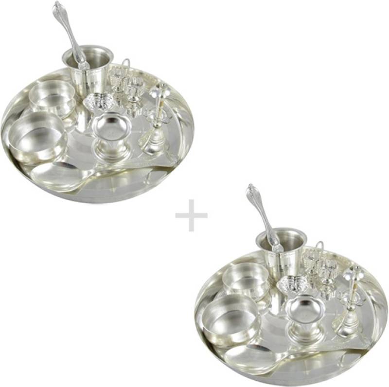 GoldGiftIdeas 8 Inch Mangalmay Combo of Two Pooja Thali Set Silver Plated  (22 Pieces