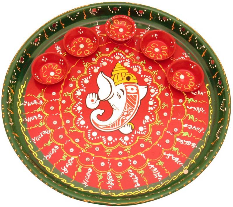 GoldGiftIdeas Bhuvanpati Ganesha Hand Paint Pooja Aarti Thali Steel  (1 Pieces