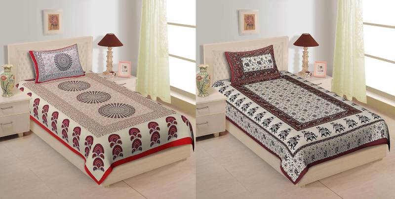 Indram 144 TC Cotton Single Printed Bedsheet  (Pack of 2