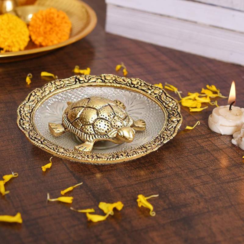 Collectible India Tortoise for Good Luck on Glass Plate Showpiece - Turtle Tortoise for Feng Shui and Vastu - Best Gift for Career and Luck Decorative Showpiece  -  4 cm  (Aluminium