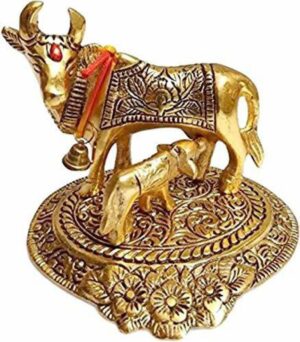 Chhariya Crafts Kamdhenu Cow With Calf Statue Decorative Showpiece  -  9 cm  (Metal