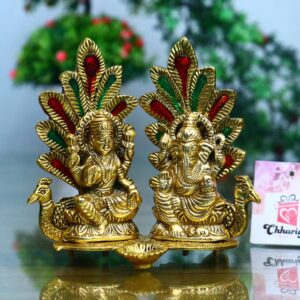 Chhariya Crafts Laxmi Ganesh Idol Statue with Diya Peacock Design Decorative Showpiece  -  14 cm  (Metal