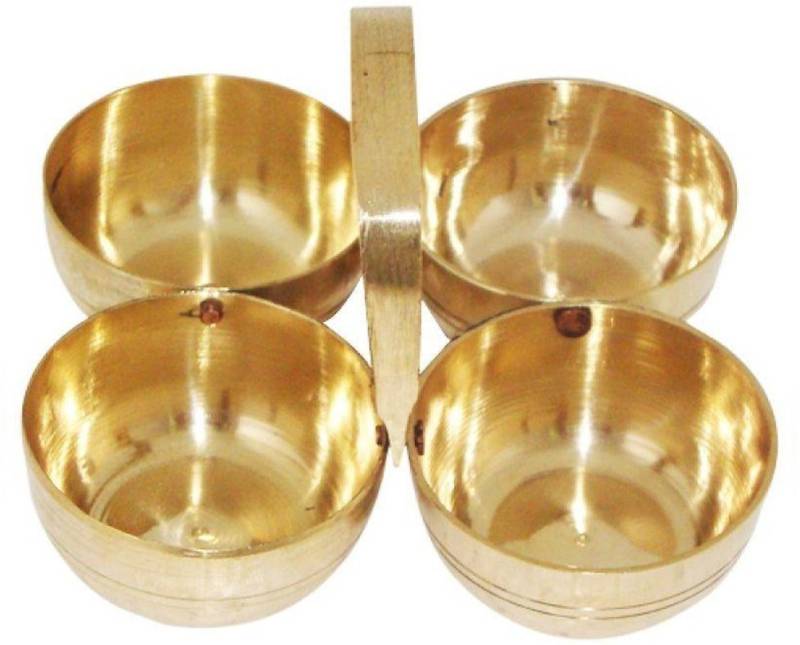 MEHRUNNISA Pure Brass Chopda for Mandir Pooja Kumkum Chawal Sindoor Mishri Holder Four Bowl Attach Chomukhi Katori Color GOLD Brass  (1 Pieces