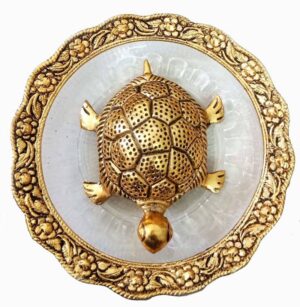 Chhariya Crafts Metal Feng Shui Tortoise On Plate Showpiece for Good Luck Decorative Showpiece  -  2 cm  (Metal