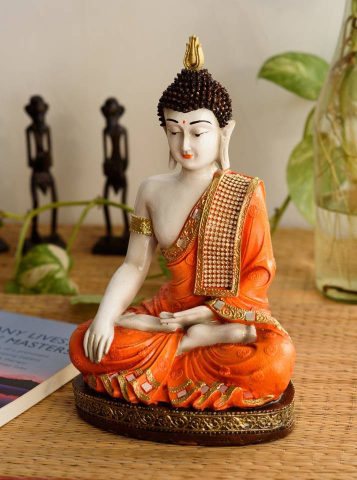eCraftIndia Fiber Meditating Buddha - Orange Decorative Showpiece  -  30 cm  (Polyresin