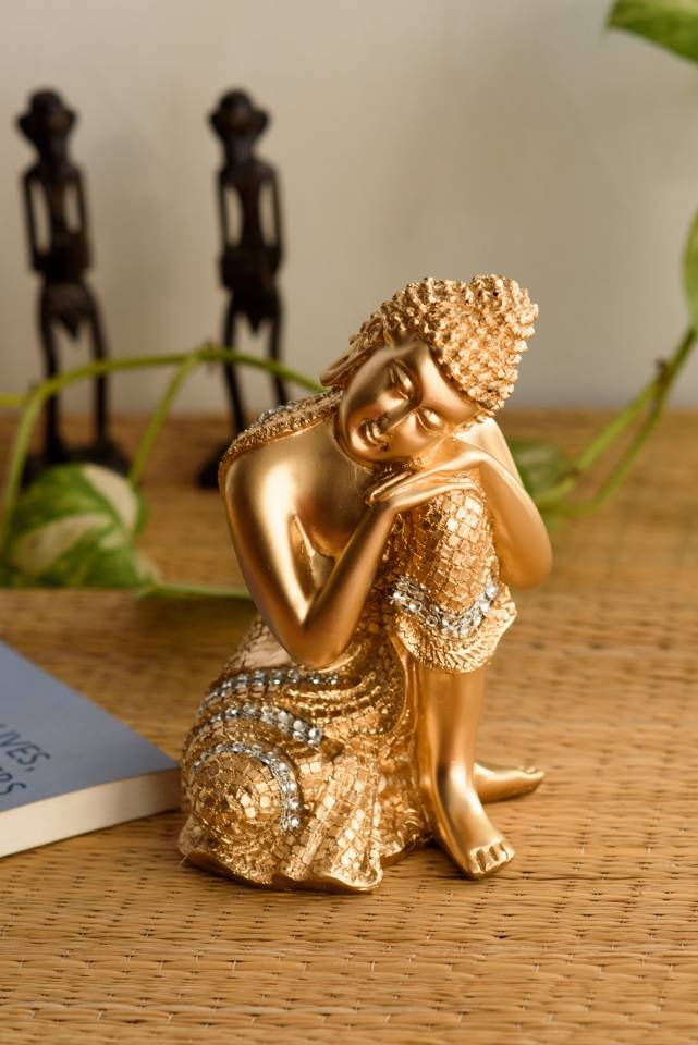 eCraftIndia Golden Buddha on Knee Polyresin Showpiece Decorative Showpiece  -  20 cm  (Brass