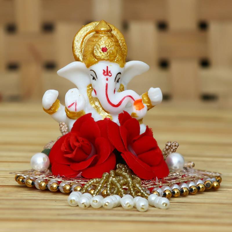 eCraftIndia Lord Ganesha Idol on Decorative Handcrafted Plate for Home and Car Decorative Showpiece  -  8 cm  (Polyresin