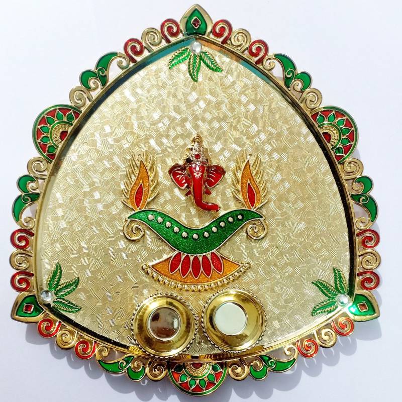 P A HEALTH AND FITNESS Decorative Acrylic Rakhi Pooja Thali/Roli Chawal/Haldi Kumkum Holder.[8 Inch] Gold Plated  (1 Pieces