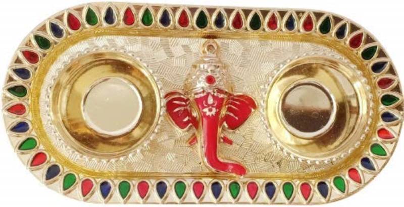 P A HEALTH AND FITNESS Decorative Haldi Kumkum Holder/Small Pooja Thali Diwali/Rakhi PoojaPlate[13x8cm] Gold Plated  (1 Pieces