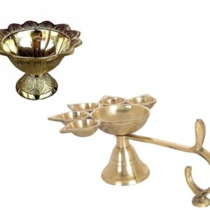De-Ultimate Combo Of 5 Face Puja Camphor Burner Lamp Panch Aarti Jyoti With Brass Diwali Devdas (No 1 ) Diya Oil / Ghee Lamp Brass  (2 Pieces
