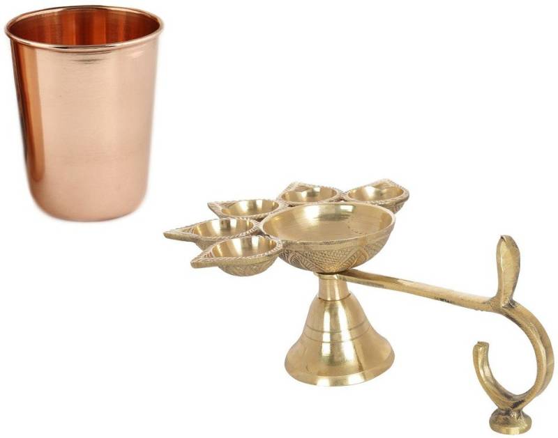 Uniqon Combo Of 5 Face Puja Camphor Burner Lamp Panch Aarti Jyoti With Copper Glass Tumblers Leak Proof Seamless 350 Ml Brass  (2 Pieces