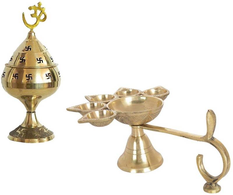 Utkarsh Combo Of 5 Face Puja Camphor Burner Lamp (2 no ) Panch Aarti Jyoti With Brass ( No.1 )Jali Jyoti Deep with Stand Brass  (2 Pieces