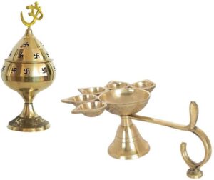 Uniqon Combo Of 5 Face Puja Camphor Burner Lamp Panch Aarti Jyoti With Brass ( No.1 )Jali Akhand Jyoti Deep with Stand Brass  (2 Pieces