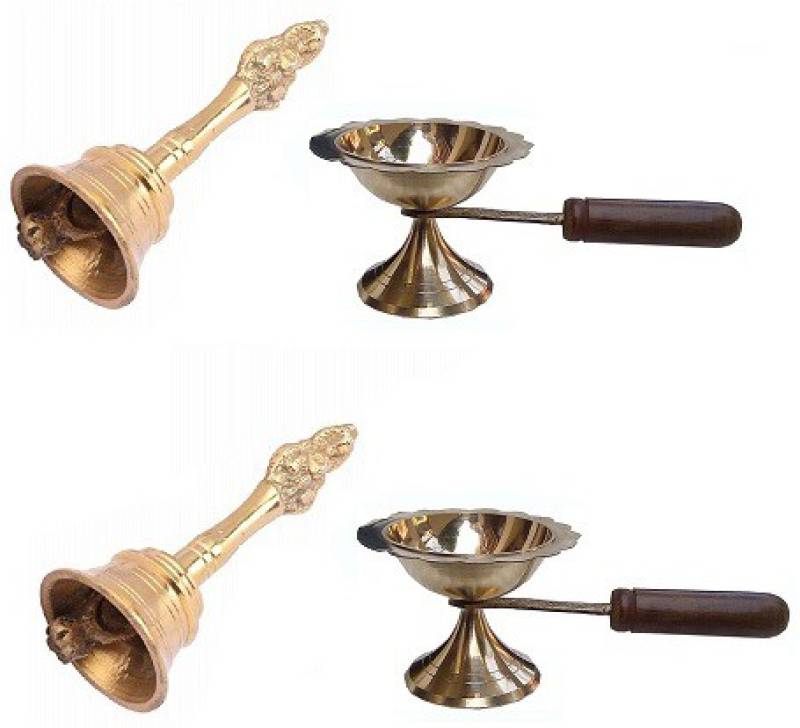 Adhvik Combo Of 2 Pcs Nagpari Head Pooja Puja ( 1 No ) Bell Ghanti With 2 Pcs Brass Table Oil Ghee Lamp Puja ( 1 No Small Size ) Diya with Long Wooden Handle For Puja Purpose Brass  (Gold)