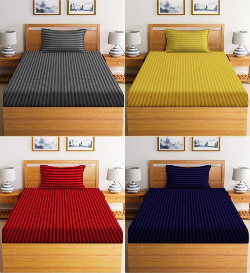 New leaf 220 TC Cotton Single Striped Bedsheet  (Pack of 4