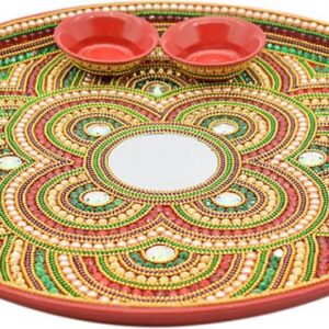 Puja N Pujari Fancy Decorative Multicolor Hand Made Beutiful Plate Inbuilt Aarti Pooja Thali/Puja Plate with two Bowl for All Pooja