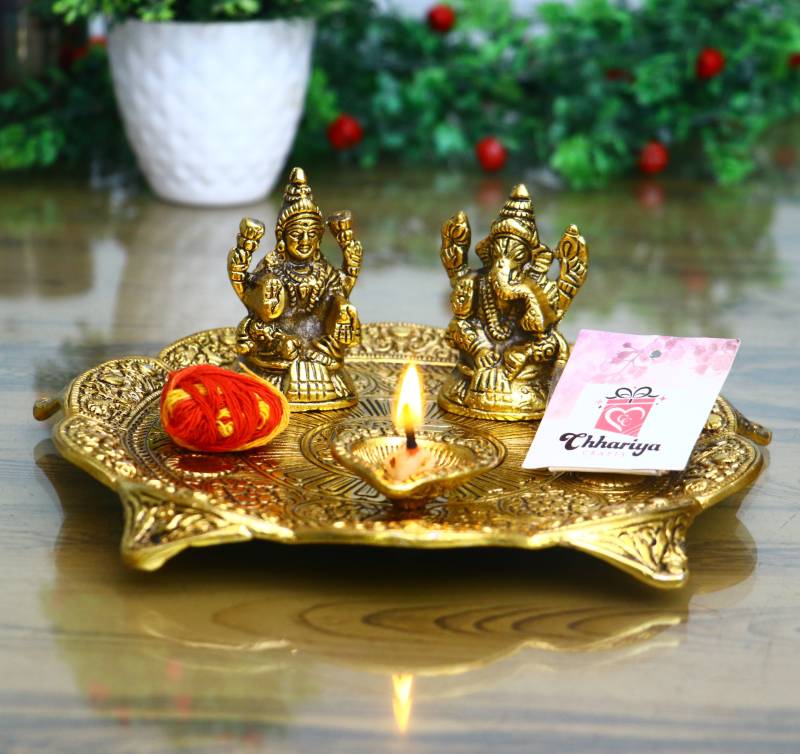 Chhariya Crafts Pooja Thali With Laxmi Ganesh Idol And Diya For Home And Office Aluminium  (1 Pieces
