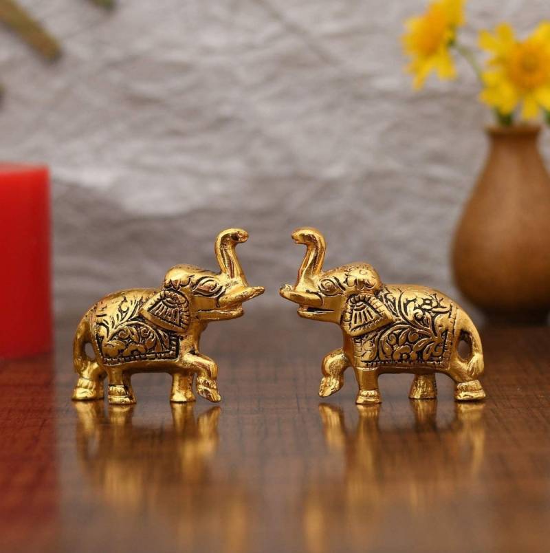 SP Handicrafts Set of Two Piece Metal Sculptures Elephant Pair for Showpiece and Decoration | Elephant Statue Pair in Golden Finish Having Attractive Look Decorative Showpiece  -  6.25 cm  (Brass