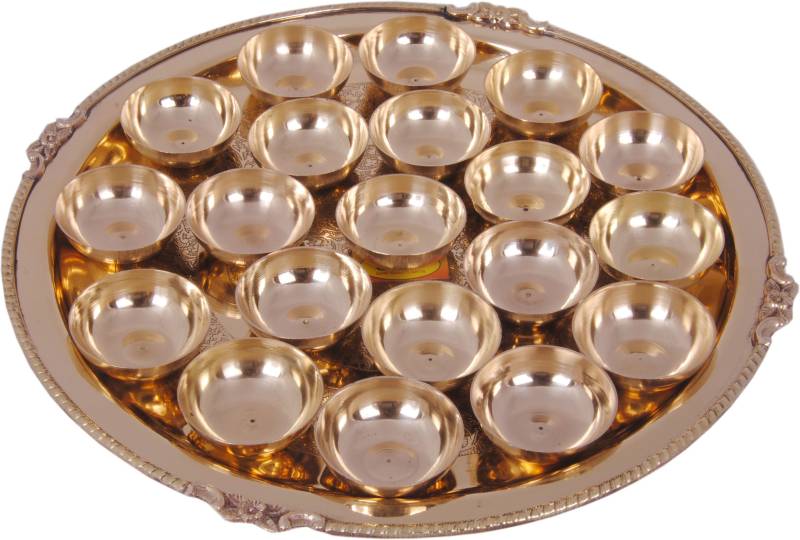 Shivshakti Arts Handmade Pure Set of 20 Brass Diya Pooja Thali Set 21 pcs (1 Pooja Thali Embossed karvi Designed +20 Brass diyas) for Diwali Laxmi Poojan Navratri Poojan Diwali Lighting Diwali diyas Brass  (21 Pieces