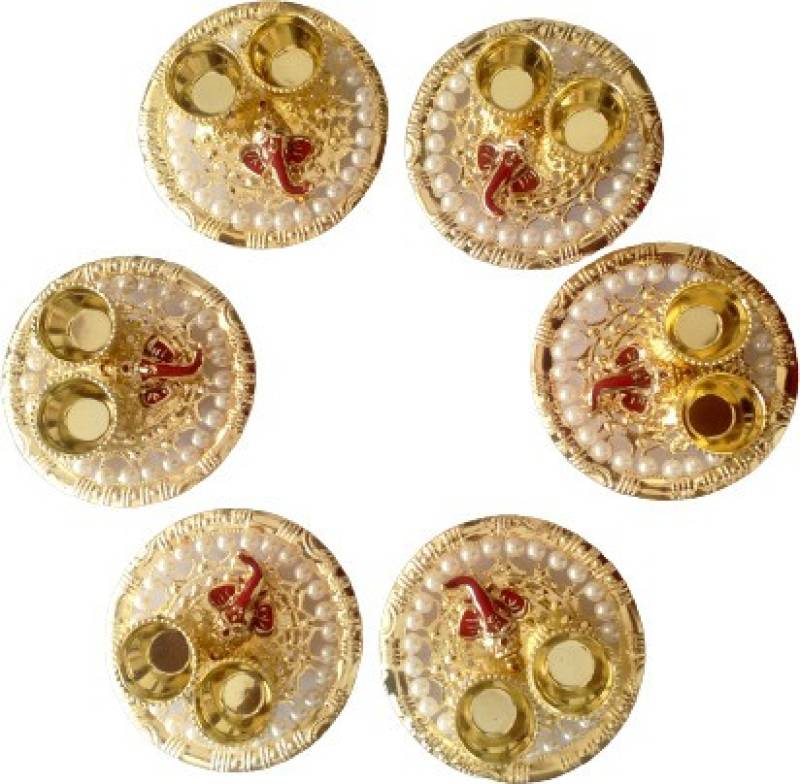 P A HEALTH AND FITNESS Golden Decorative Haldi Kumkum Box/ Rakhi Pooja Thali Set.SMALL SIZE [set of 6] Gold Plated  (6 Pieces
