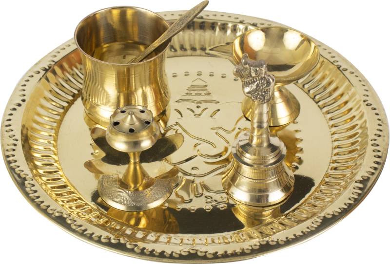 Spillbox Traditional Handcrafted Brass Thali/Aarti Plate for Pooja/Worship - Diya-Dhoop-Bell-Panchmurt-Spoon Brass  (1 Pieces