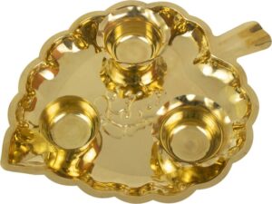 Spillbox Traditional Handcrafted Brass Thali kumkum Plate for Pooja/Worship –Big Leaf 3 bowl Brass  (1 Pieces