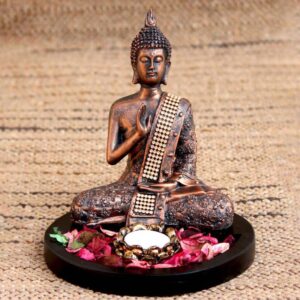 Craft Junction Meditating Antique Look Lord Buddha Statue With Tealight Holder Wooden Base Decorative Showpiece  -  22 cm  (Polyresin