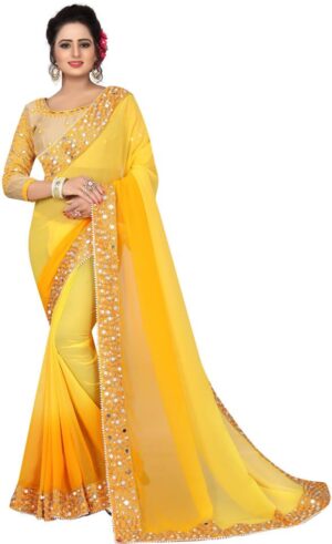 Embroidered Bollywood Georgette Saree  (Yellow)