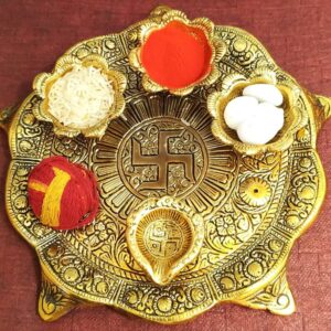 WELLWISHERS CRAFT Pooja Thali set with Diya Gold Plated for Home and Office Temple and Pooja Aluminium  (1 Pieces