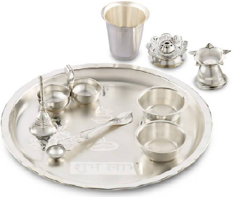 Panca Silver Plated Pooja Thali 9 piece Gift Set Silver for Home Pooja Silver Plated  (9 Pieces